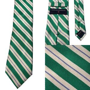 Saddlebred Striped Necktie Green, White & Blue 100% Silk Men's Tie Preowned Nice